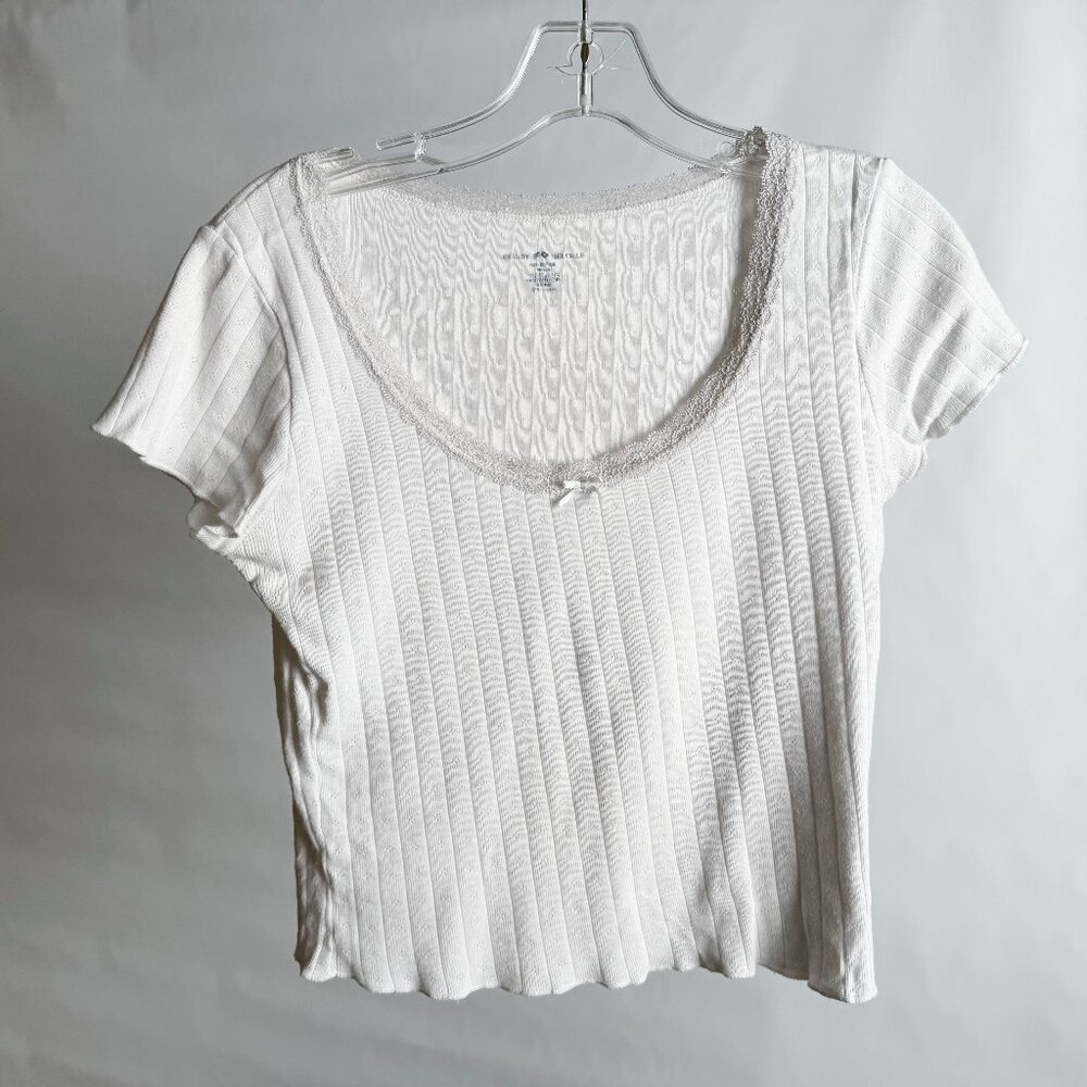 Brandy Melville White Ribbed Lace Tee